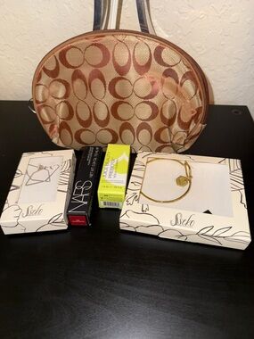NARS Lip color. Juice Beauty Moisturizer.Sseko bracelet and earrings, pouch